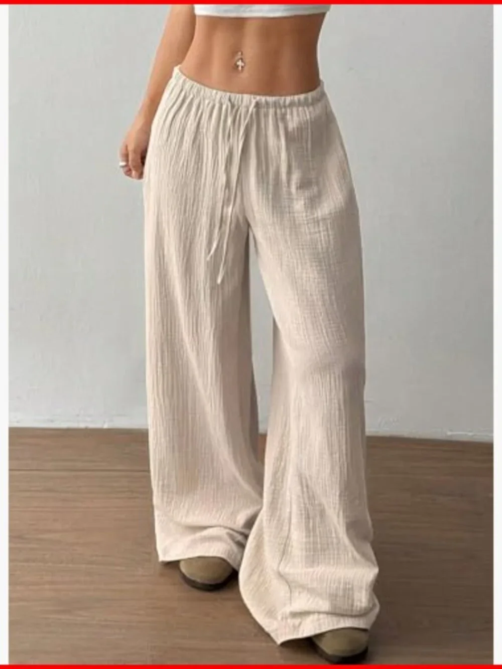 Wide Leg Palazzo Pants with Drawstring Waist and Pockets - Picture 3 of 4